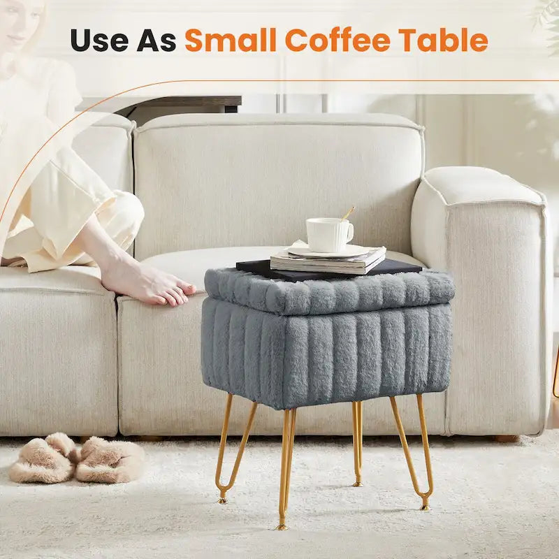 Vanity Stool Chair with Storage, Ottoman Faux Fur Soft Padded Makeup Footstools Seat with 4 Metal Legs Anti-Slip Adjustable Feet