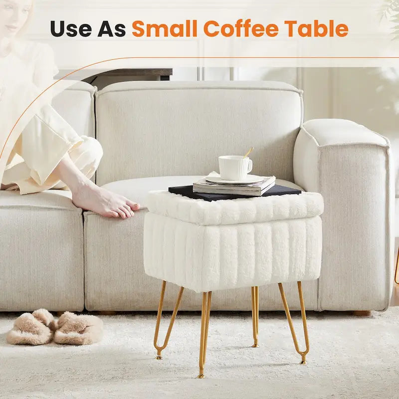 Vanity Stool Chair with Storage, Ottoman Faux Fur Soft Padded Makeup Footstools Seat with 4 Metal Legs Anti-Slip Adjustable Feet