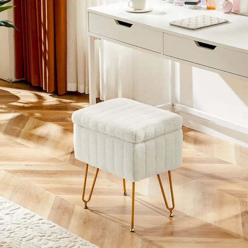 Vanity Stool Chair with Storage, Ottoman Faux Fur Soft Padded Makeup Footstools Seat with 4 Metal Legs Anti-Slip Adjustable Feet