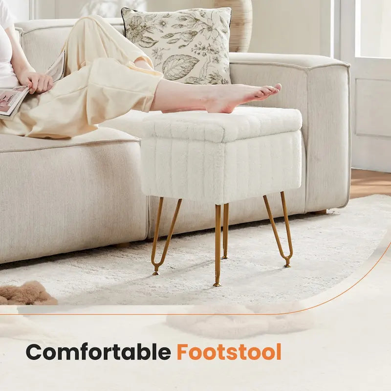 Vanity Stool Chair with Storage, Ottoman Faux Fur Soft Padded Makeup Footstools Seat with 4 Metal Legs Anti-Slip Adjustable Feet