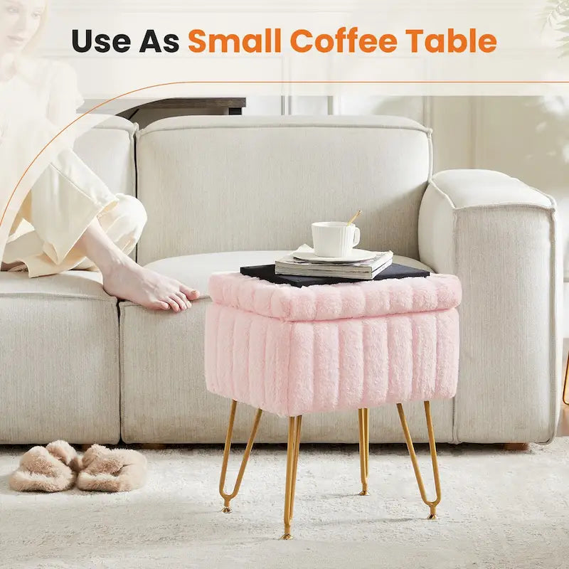 Vanity Stool Chair with Storage, Ottoman Faux Fur Soft Padded Makeup Footstools Seat with 4 Metal Legs Anti-Slip Adjustable Feet