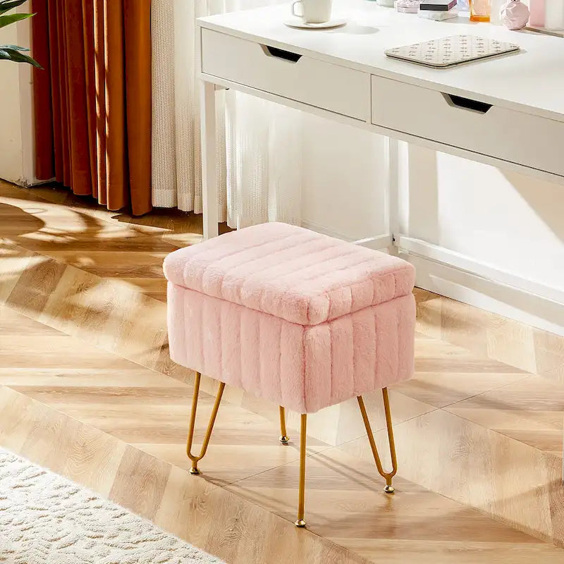 Vanity Stool Chair with Storage, Ottoman Faux Fur Soft Padded Makeup Footstools Seat with 4 Metal Legs Anti-Slip Adjustable Feet