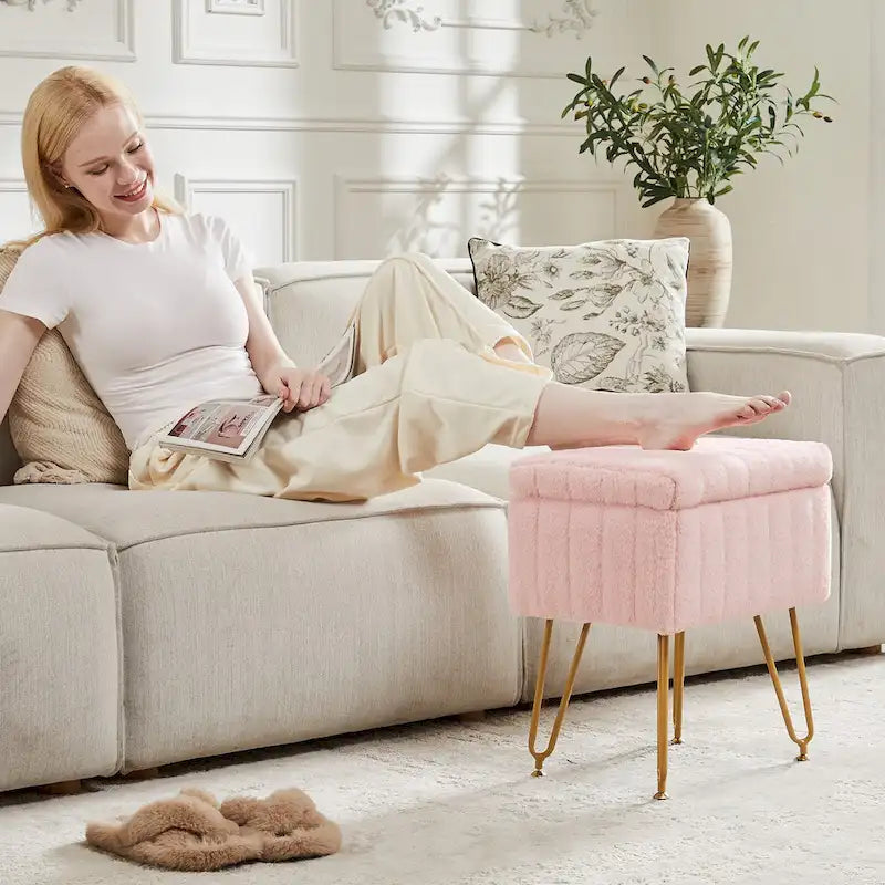 Vanity Stool Chair with Storage, Ottoman Faux Fur Soft Padded Makeup Footstools Seat with 4 Metal Legs Anti-Slip Adjustable Feet