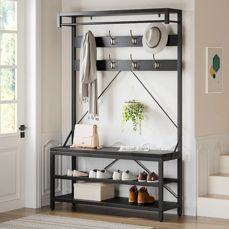 Industrial Storage Shoe Bench, 72 Mudroom Hall Tree with 8 Hanging Hooks