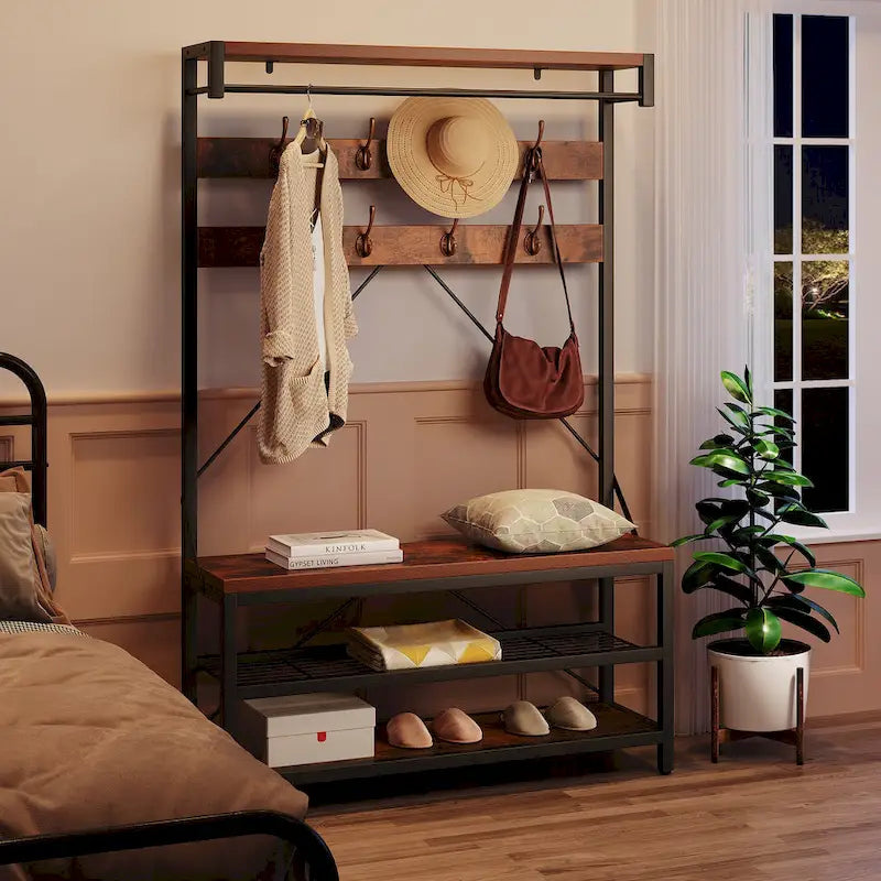 Industrial Storage Shoe Bench, 72 Mudroom Hall Tree with 8 Hanging Hooks