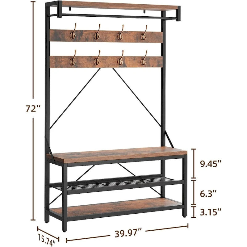 Industrial Storage Shoe Bench, 72 Mudroom Hall Tree with 8 Hanging Hooks