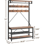 Industrial Storage Shoe Bench, 72 Mudroom Hall Tree with 8 Hanging Hooks