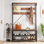 Industrial Storage Shoe Bench, 72 Mudroom Hall Tree with 8 Hanging Hooks