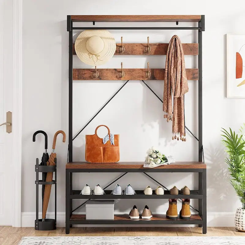 Industrial Storage Shoe Bench, 72 Mudroom Hall Tree with 8 Hanging Hooks