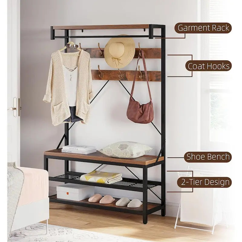 Industrial Storage Shoe Bench, 72 Mudroom Hall Tree with 8 Hanging Hooks