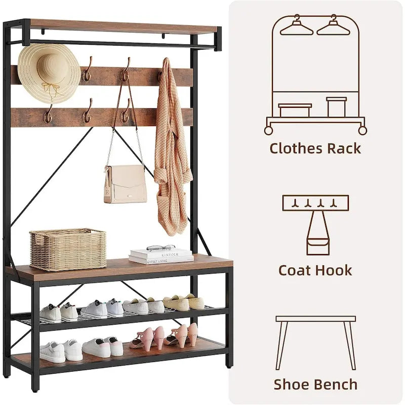 Industrial Storage Shoe Bench, 72 Mudroom Hall Tree with 8 Hanging Hooks