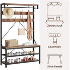 Industrial Storage Shoe Bench, 72 Mudroom Hall Tree with 8 Hanging Hooks