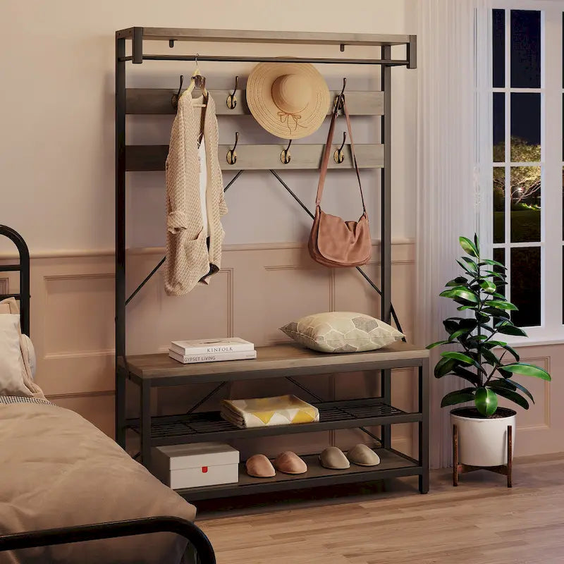 Industrial Storage Shoe Bench, 72 Mudroom Hall Tree with 8 Hanging Hooks