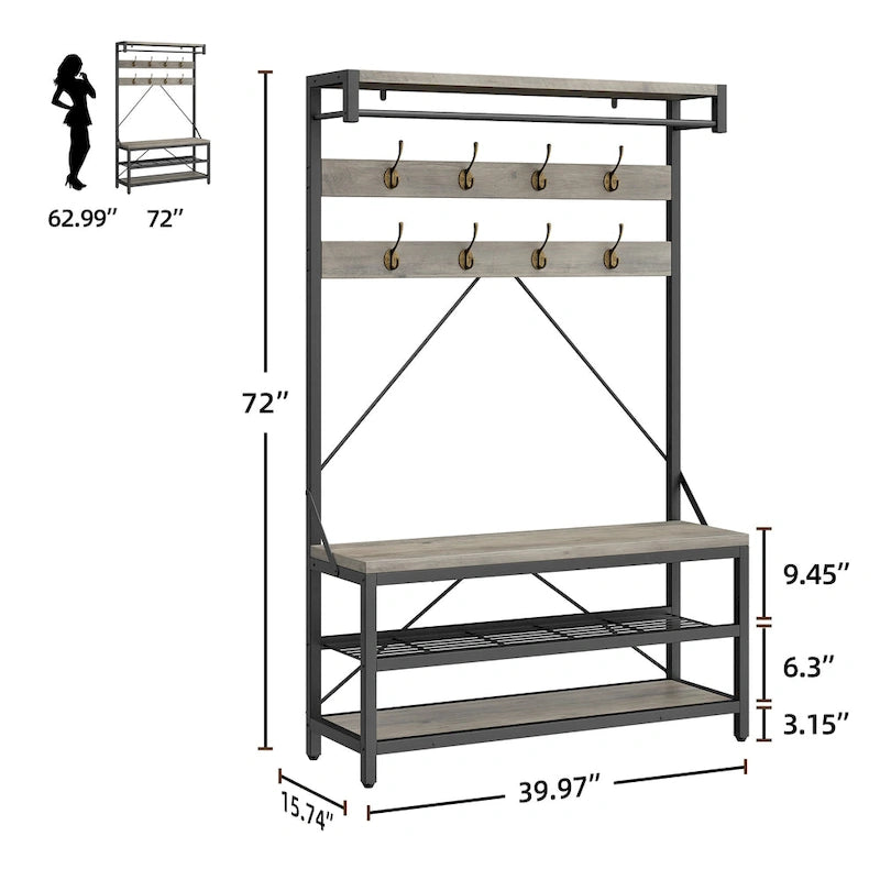 Industrial Storage Shoe Bench, 72 Mudroom Hall Tree with 8 Hanging Hooks