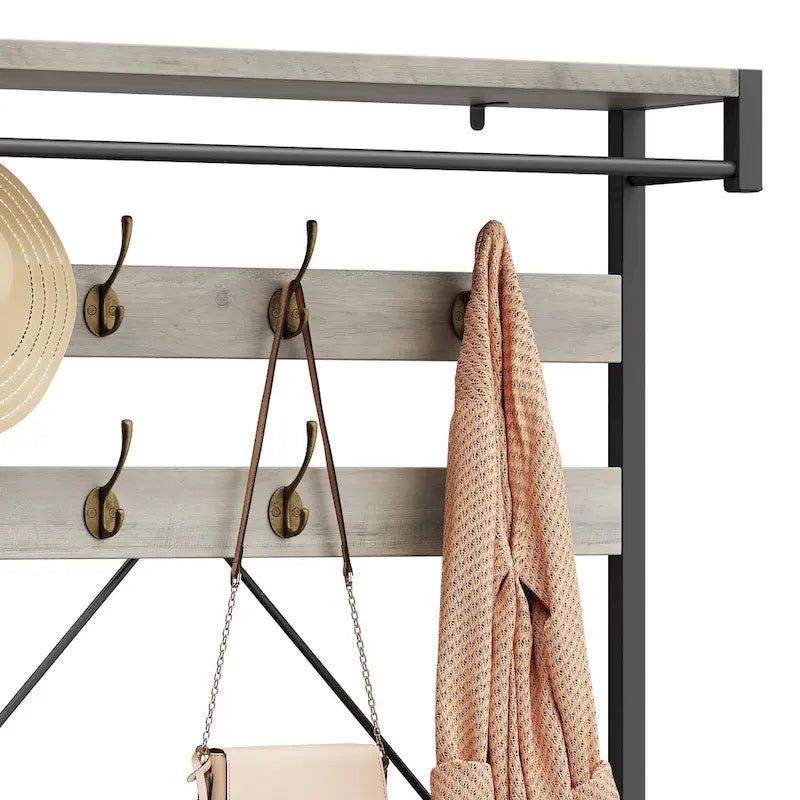 Industrial Storage Shoe Bench, 72 Mudroom Hall Tree with 8 Hanging Hooks