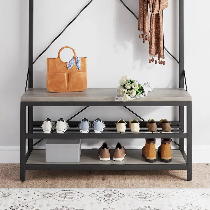 Industrial Storage Shoe Bench, 72 Mudroom Hall Tree with 8 Hanging Hooks