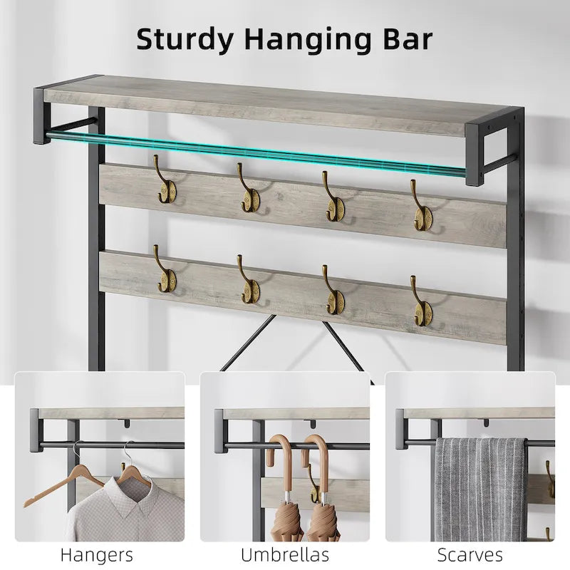 Industrial Storage Shoe Bench, 72 Mudroom Hall Tree with 8 Hanging Hooks