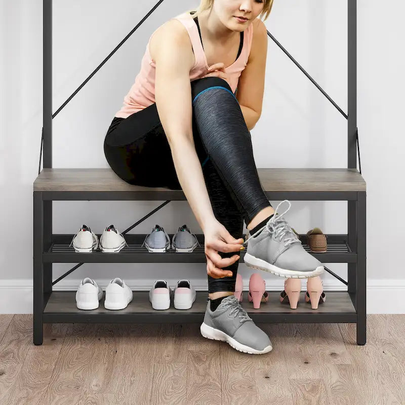 Industrial Storage Shoe Bench, 72 Mudroom Hall Tree with 8 Hanging Hooks