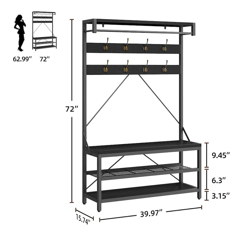Industrial Storage Shoe Bench, 72 Mudroom Hall Tree with 8 Hanging Hooks