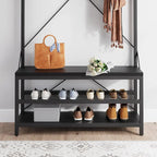 Industrial Storage Shoe Bench, 72 Mudroom Hall Tree with 8 Hanging Hooks
