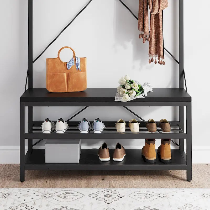 Industrial Storage Shoe Bench, 72 Mudroom Hall Tree with 8 Hanging Hooks