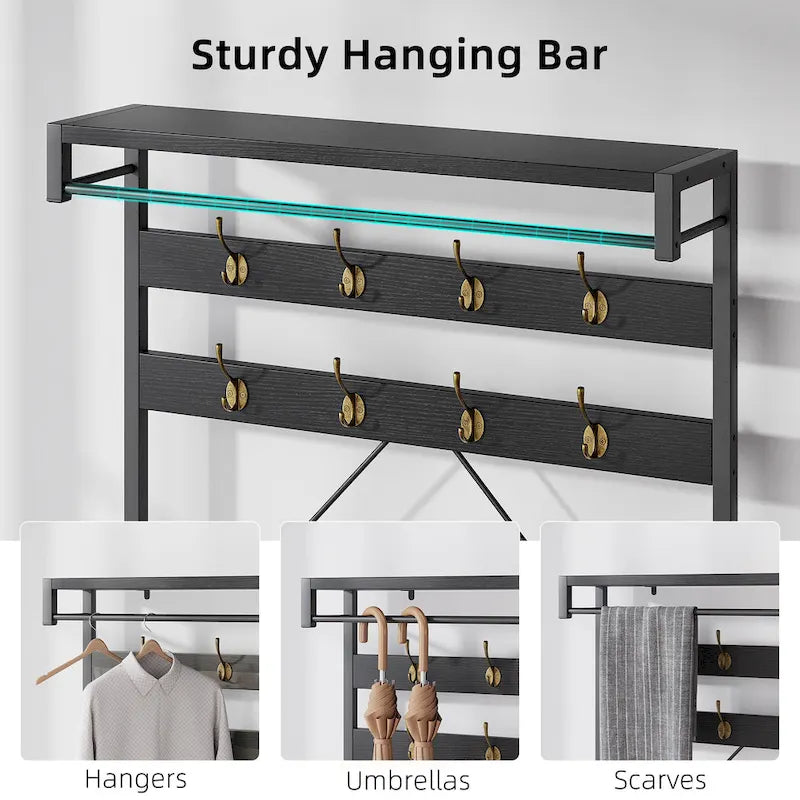 Industrial Storage Shoe Bench, 72 Mudroom Hall Tree with 8 Hanging Hooks
