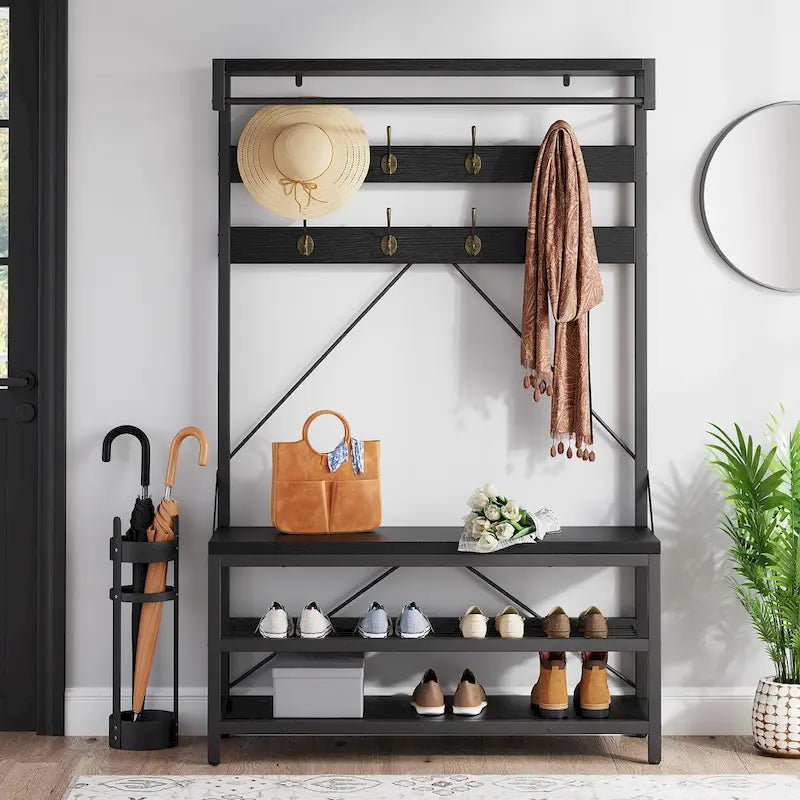 Industrial Storage Shoe Bench, 72 Mudroom Hall Tree with 8 Hanging Hooks