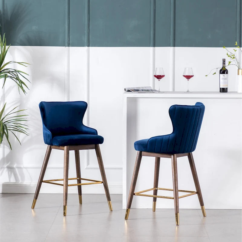 Modern Fabric Bar Stools with Foam-Padded Backrest Seat, Solid Wood Legs, for Kitchen Island Dining Room Living Room