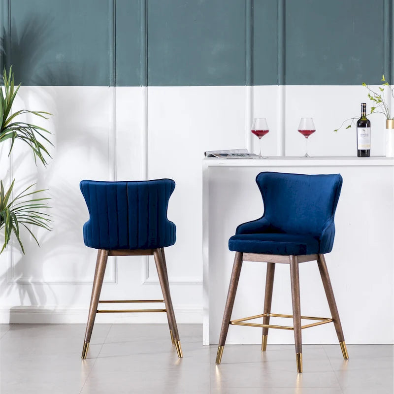 Modern Fabric Bar Stools with Foam-Padded Backrest Seat, Solid Wood Legs, for Kitchen Island Dining Room Living Room