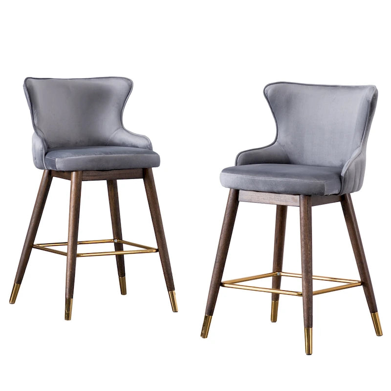 Modern Fabric Bar Stools with Foam-Padded Backrest Seat, Solid Wood Legs, for Kitchen Island Dining Room Living Room