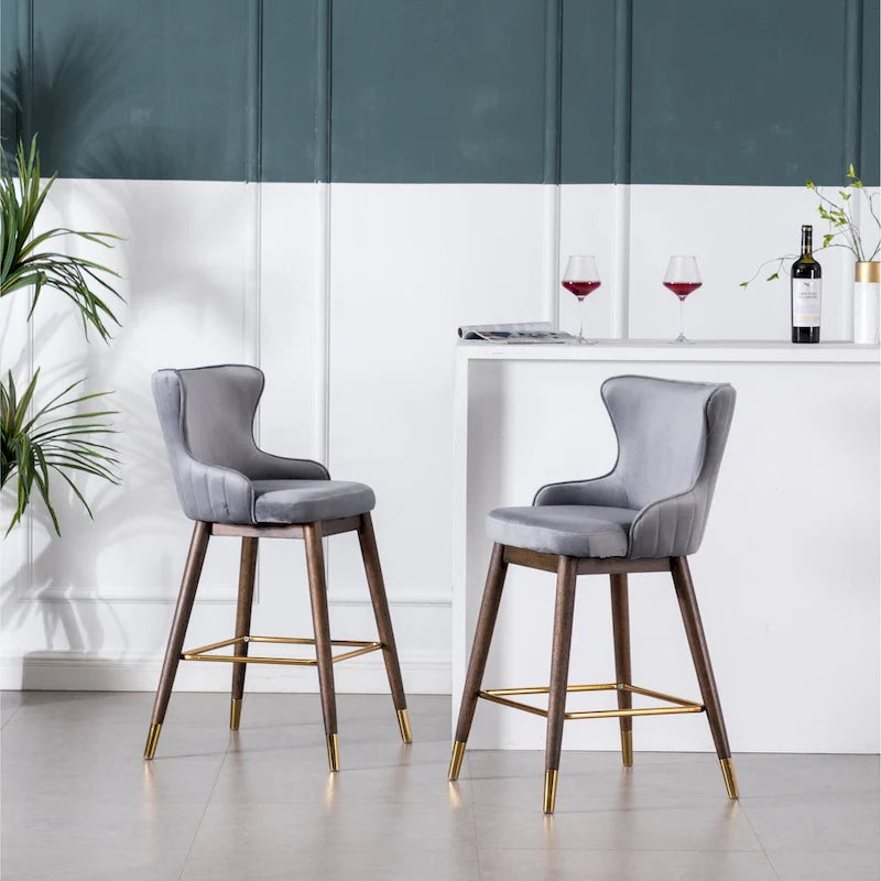 Modern Fabric Bar Stools with Foam-Padded Backrest Seat, Solid Wood Legs, for Kitchen Island Dining Room Living Room
