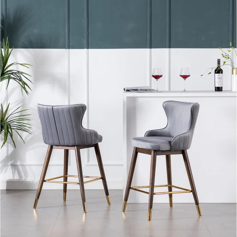 Modern Fabric Bar Stools with Foam-Padded Backrest Seat, Solid Wood Legs, for Kitchen Island Dining Room Living Room