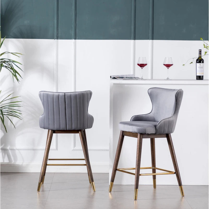 Modern Fabric Bar Stools with Foam-Padded Backrest Seat, Solid Wood Legs, for Kitchen Island Dining Room Living Room