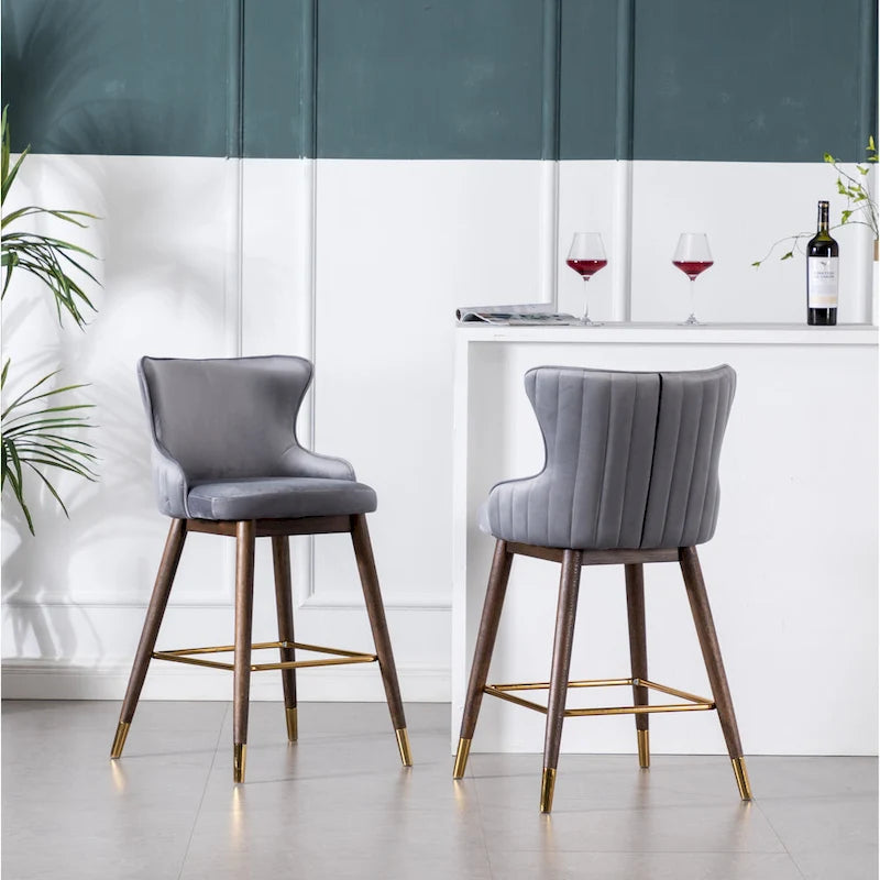 Modern Fabric Bar Stools with Foam-Padded Backrest Seat, Solid Wood Legs, for Kitchen Island Dining Room Living Room