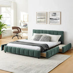 Queen Platform Bed with Chenille Fabric, Soft Headboard & Built-In Drawers