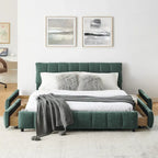 Queen Platform Bed with Chenille Fabric, Soft Headboard & Built-In Drawers