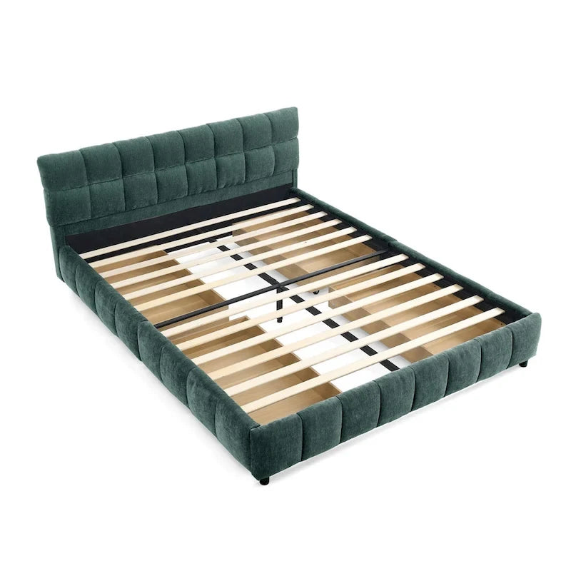 Queen Platform Bed with Chenille Fabric, Soft Headboard & Built-In Drawers
