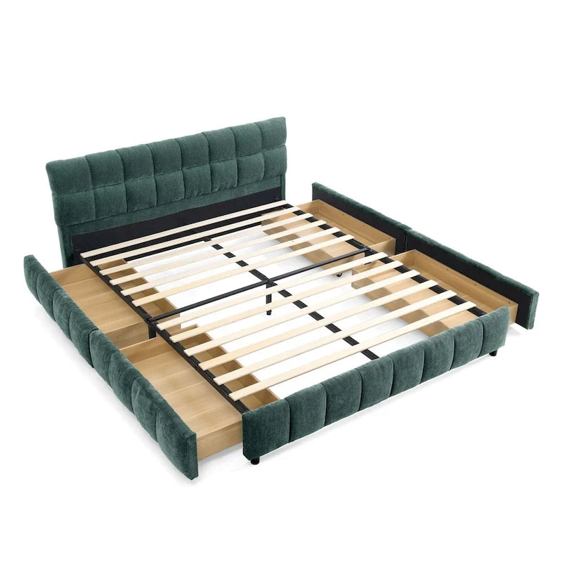 Queen Platform Bed with Chenille Fabric, Soft Headboard & Built-In Drawers