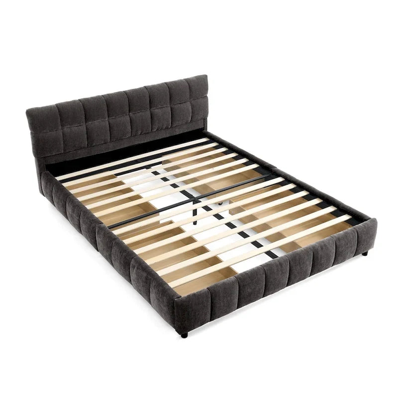 Queen Platform Bed with Chenille Fabric, Soft Headboard & Built-In Drawers