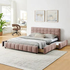 Queen Platform Bed with Chenille Fabric, Soft Headboard & Built-In Drawers