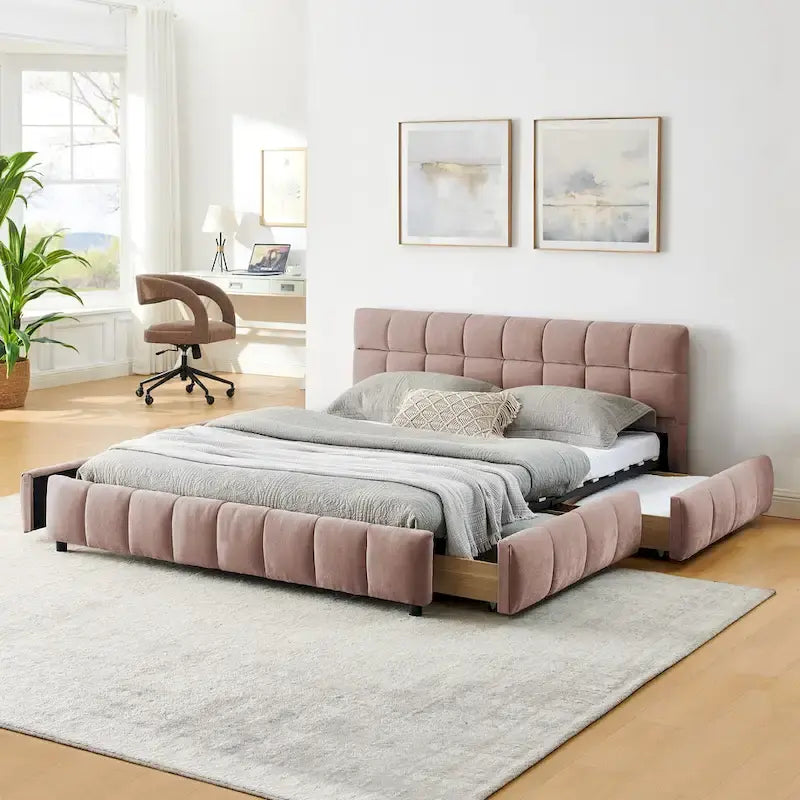 Queen Platform Bed with Chenille Fabric, Soft Headboard & Built-In Drawers
