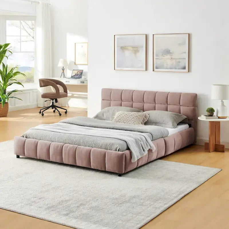 Queen Platform Bed with Chenille Fabric, Soft Headboard & Built-In Drawers
