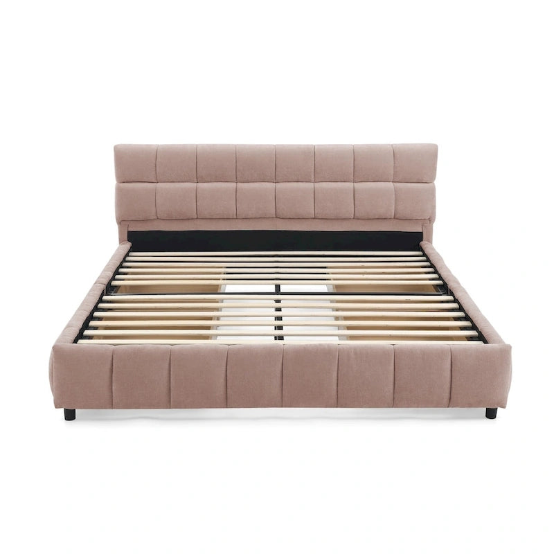 Queen Platform Bed with Chenille Fabric, Soft Headboard & Built-In Drawers