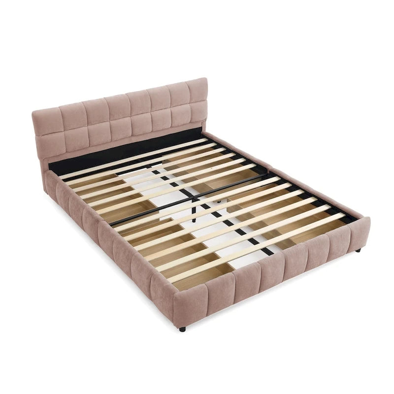 Queen Platform Bed with Chenille Fabric, Soft Headboard & Built-In Drawers