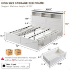 Farmhouse King Size Wood Bed Frame with Storage Headboard and Drawers