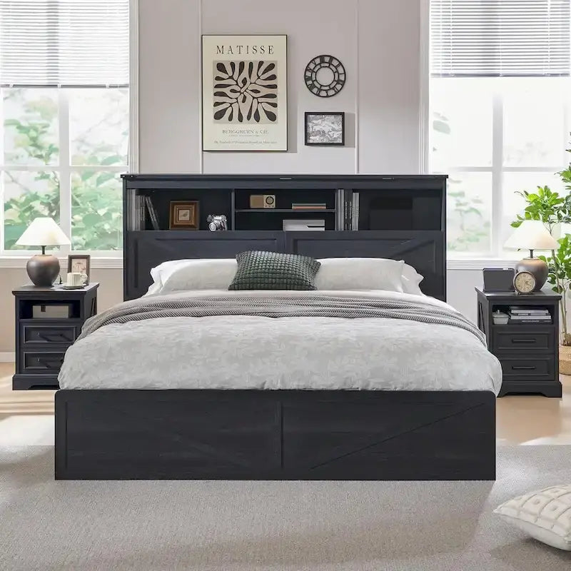 Farmhouse King Size Wood Bed Frame with Storage Headboard and Drawers