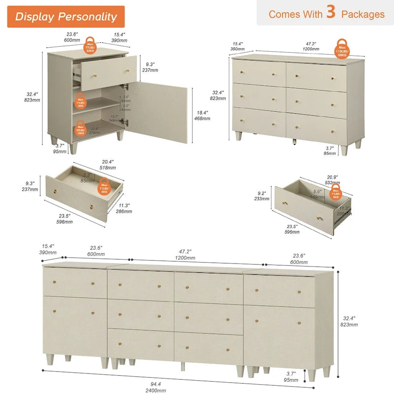 3-in-1 Dresser Chests with 8 Drawers and 2 Doors for Bedroom