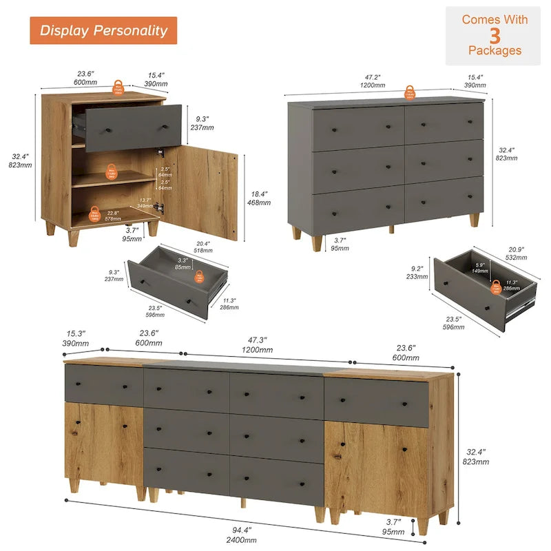 3-in-1 Dresser Chests with 8 Drawers and 2 Doors for Bedroom