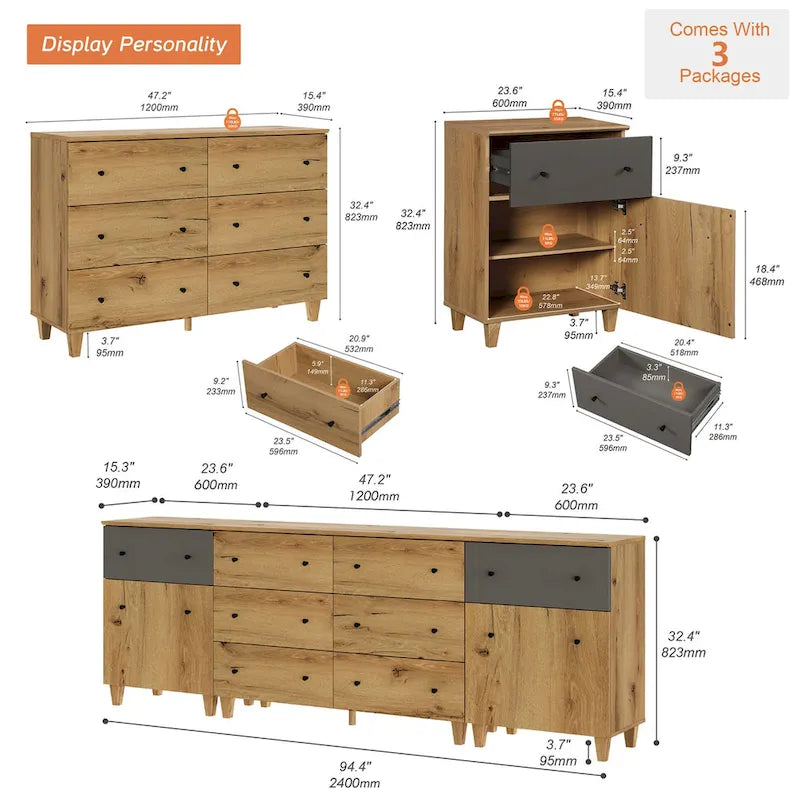 3-in-1 Dresser Chests with 8 Drawers and 2 Doors for Bedroom