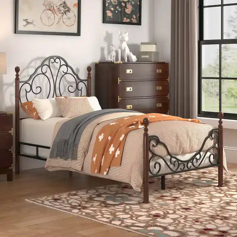 Graceful Scroll Bronze Metal Bed